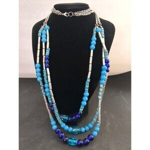 Boho Style Blue And Purple Multi Strand Glass And Silver Tone Beaded Necklace